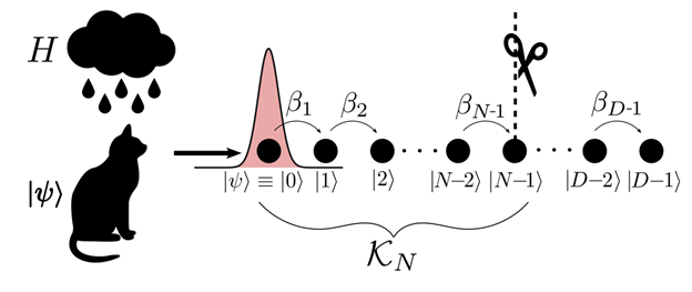 The dynamics of |ψ> under H, from the Lanczos Basis perspective, corresponds to the diffusion of an initial state |0> that is completely localized at the leftmost end of a virtual tight-binding chain. The dynamics of |ψ> under H, from the Lanczos Basis perspective, corresponds to the diffusion of an initial state |0> that is completely localized at the leftmost end of a virtual tight-binding chain.